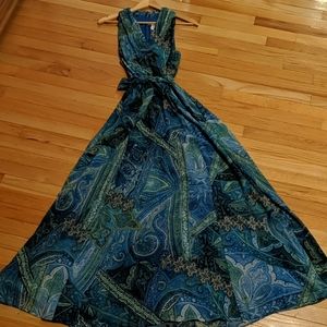 Blue and green belted maxi dress sz 16